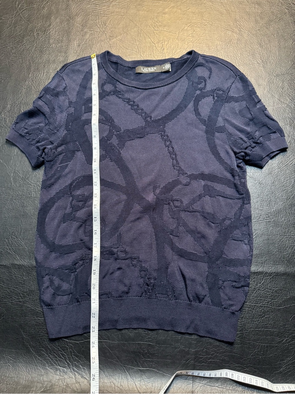 Lauren Ralph Lauren Belting Motif Short Sleeve Sweater Navy M Equestrian Knit - Picture 6 of 11